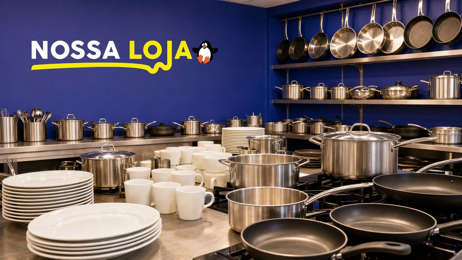Panelas, caçarolas, frigideiras, pratos e utensílios de cozinha